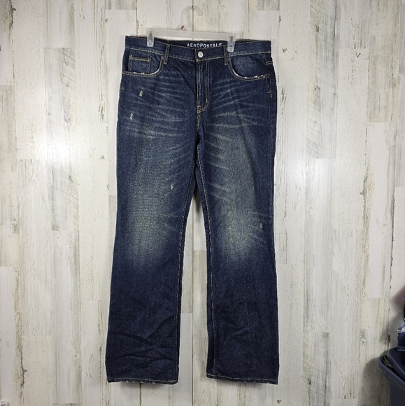 Aeropostale slim boot blue and yellow distressed mens jeans size 36X34 - Picture 1 of 12